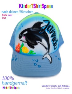 Einschulungs-Cap Baseball Cap mit Orca und Name hellblau