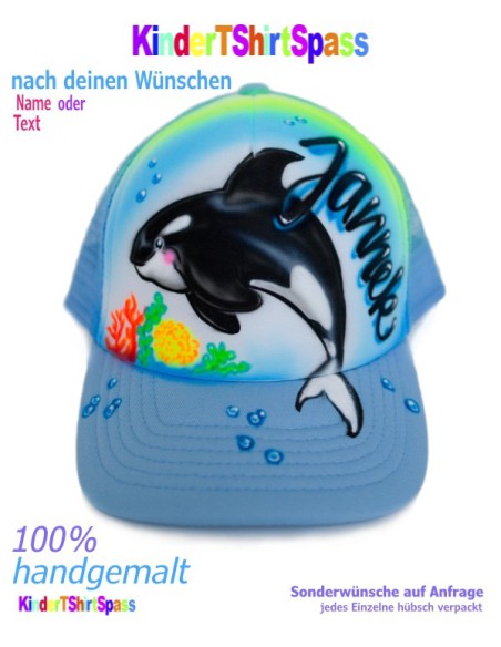 Einschulungs-Cap Baseball Cap mit Orca und Name hellblau
