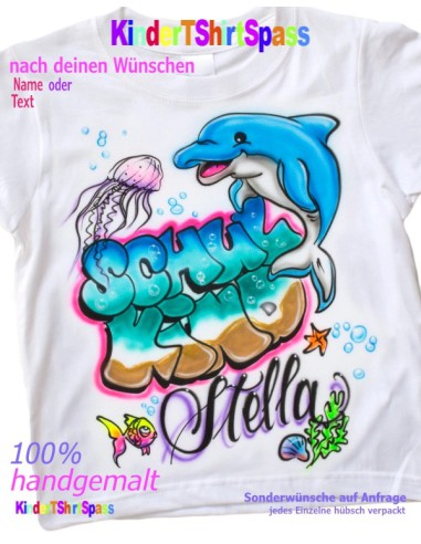 Schulkind T-Shirt mit Namen und Delfin handgemalt