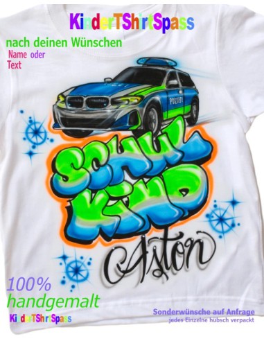 Schulkind T-Shirt zur Einschulung mit Polizei Wagen und Namen