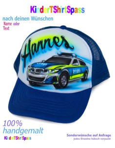Einschulungs-Cap, Cappy mit Namen und handgemaltem Polizeiauto