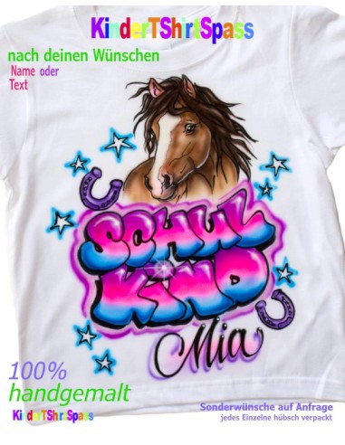 Einschulungs T-Shirt Pferd mit Namen handgemalt